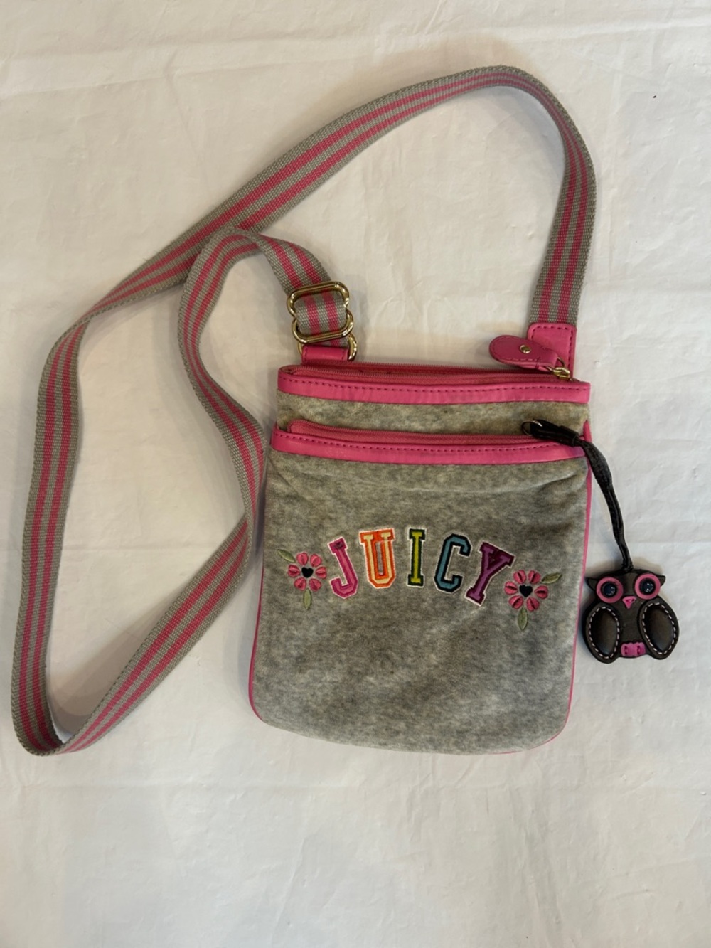 Juicy Couture Gray Felt Crossbody with Pink Trim